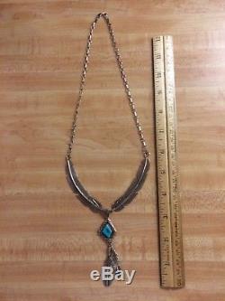 Vintage Navajo AL YAZZ Sterling Silver Large Feather Turquoise Necklace 925
