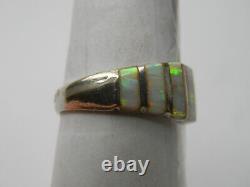 Vintage Navajo Authentic Sterling Silver 925 Channel Set Fire Opal Band Ring Sz7