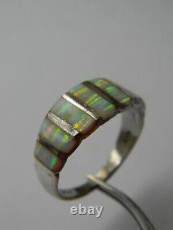 Vintage Navajo Authentic Sterling Silver 925 Channel Set Fire Opal Band Ring Sz7