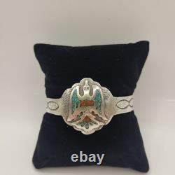 Vintage Navajo B. JAMES PEYOTE BIRD Turquoise Inlay Sterling Bracelet