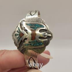 Vintage Navajo B. JAMES PEYOTE BIRD Turquoise Inlay Sterling Bracelet