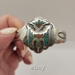 Vintage Navajo B. JAMES PEYOTE BIRD Turquoise Inlay Sterling Bracelet