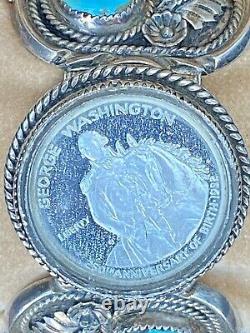 Vintage Navajo B. Nez Signed Filigree Sterling Silver & Turquoise Coin Bracelet