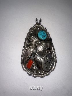 Vintage Navajo Bear Claw Pendant Sterling Silver with Turquoise & Coral
