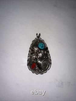 Vintage Navajo Bear Claw Pendant Sterling Silver with Turquoise & Coral