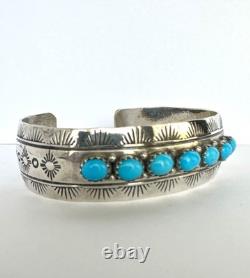 Vintage Navajo Blue Turquoise Row Sterling Silver Cuff Bracelet Signed 6#195
