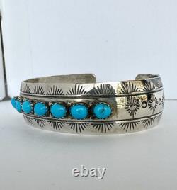 Vintage Navajo Blue Turquoise Row Sterling Silver Cuff Bracelet Signed 6#195