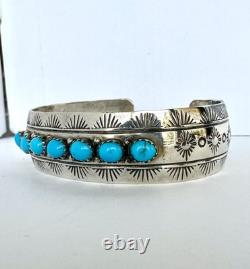 Vintage Navajo Blue Turquoise Row Sterling Silver Cuff Bracelet Signed 6#195