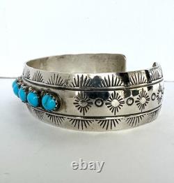 Vintage Navajo Blue Turquoise Row Sterling Silver Cuff Bracelet Signed 6#195