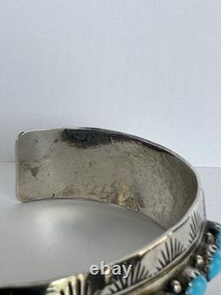 Vintage Navajo Blue Turquoise Row Sterling Silver Cuff Bracelet Signed 6#195