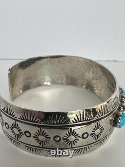 Vintage Navajo Blue Turquoise Row Sterling Silver Cuff Bracelet Signed 6#195