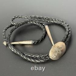 Vintage Navajo Bolo Tie Clasp Sun Leather Round Large Sterling Silver