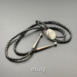 Vintage Navajo Bolo Tie Clasp Sun Leather Round Large Sterling Silver