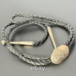 Vintage Navajo Bolo Tie Clasp Sun Leather Round Large Sterling Silver
