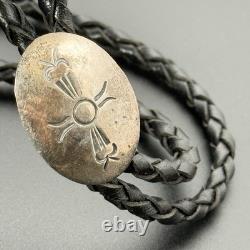 Vintage Navajo Bolo Tie Clasp Sun Leather Round Large Sterling Silver