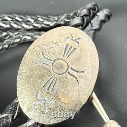 Vintage Navajo Bolo Tie Clasp Sun Leather Round Large Sterling Silver