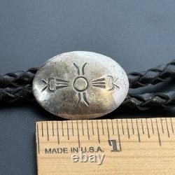 Vintage Navajo Bolo Tie Clasp Sun Leather Round Large Sterling Silver
