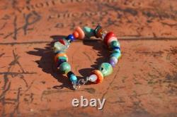 Vintage Navajo Bracelet Polished Multi Stone Sterling Silver Jewelry OOAK Native