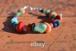 Vintage Navajo Bracelet Polished Multi Stone Sterling Silver Jewelry OOAK Native