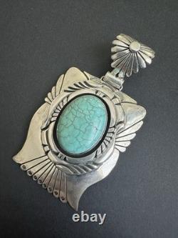 Vintage Navajo Charles Johnson Sterling Silver 69g Turquoise Thunderbird Pendant