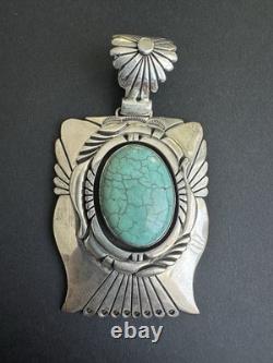 Vintage Navajo Charles Johnson Sterling Silver 69g Turquoise Thunderbird Pendant
