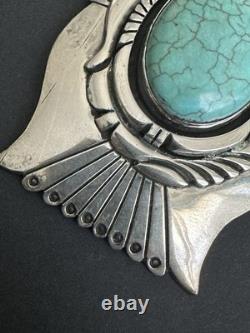 Vintage Navajo Charles Johnson Sterling Silver 69g Turquoise Thunderbird Pendant