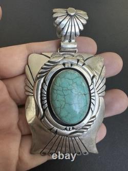 Vintage Navajo Charles Johnson Sterling Silver 69g Turquoise Thunderbird Pendant