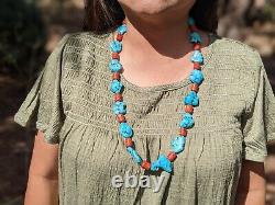 Vintage Navajo Chunky Turquoise Coral Necklace Genuine Native American Jewelry