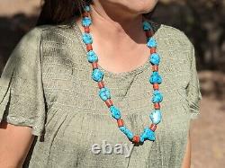 Vintage Navajo Chunky Turquoise Coral Necklace Genuine Native American Jewelry