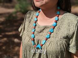 Vintage Navajo Chunky Turquoise Coral Necklace Genuine Native American Jewelry