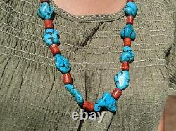 Vintage Navajo Chunky Turquoise Coral Necklace Genuine Native American Jewelry