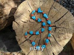 Vintage Navajo Chunky Turquoise Coral Necklace Genuine Native American Jewelry