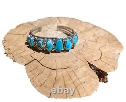 Vintage Navajo Cuff Bracelet Signed Pat Yazzie RARE XL sz 9 Blue Gem Turquoise