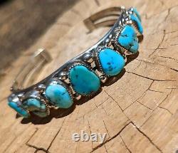 Vintage Navajo Cuff Bracelet Signed Pat Yazzie RARE XL sz 9 Blue Gem Turquoise