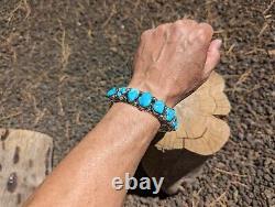 Vintage Navajo Cuff Bracelet Signed Pat Yazzie RARE XL sz 9 Blue Gem Turquoise