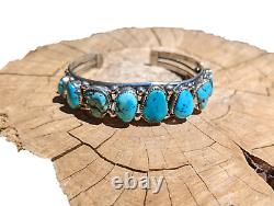 Vintage Navajo Cuff Bracelet Signed Pat Yazzie RARE XL sz 9 Blue Gem Turquoise