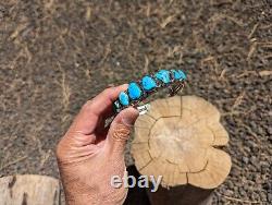 Vintage Navajo Cuff Bracelet Signed Pat Yazzie RARE XL sz 9 Blue Gem Turquoise