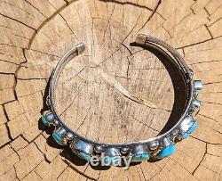 Vintage Navajo Cuff Bracelet Signed Pat Yazzie RARE XL sz 9 Blue Gem Turquoise