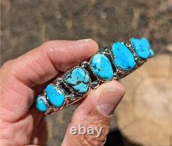 Vintage Navajo Cuff Bracelet Signed Pat Yazzie RARE XL sz 9 Blue Gem Turquoise