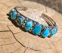 Vintage Navajo Cuff Bracelet Signed Pat Yazzie RARE XL sz 9 Blue Gem Turquoise