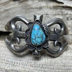 Vintage Navajo Cuff Bracelet Solid Sand Cast Turquoise Sterling Silver Jewelry
