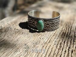 Vintage Navajo Cuff Bracelet Sterling Green Stone Sz 7 Signed MALONEY Jewelry