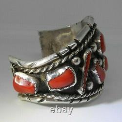 Vintage Navajo Cuff Sterling Silver Red Coral Magnificent Unsigned Petitpoint