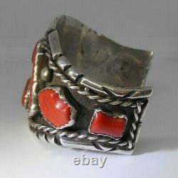 Vintage Navajo Cuff Sterling Silver Red Coral Magnificent Unsigned Petitpoint