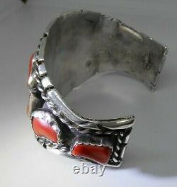 Vintage Navajo Cuff Sterling Silver Red Coral Magnificent Unsigned Petitpoint