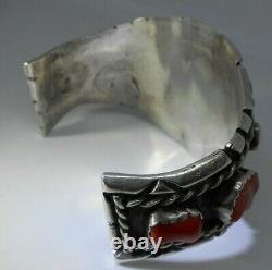 Vintage Navajo Cuff Sterling Silver Red Coral Magnificent Unsigned Petitpoint