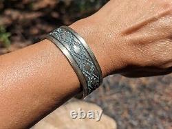 Vintage Navajo Cuff Tribal Border Bracelet Sterling Silver Unisex Sz 7in Jewelry