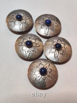 Vintage Navajo D/L Garcia Sterling Silver Button Covers Hand Stamped WithLapis