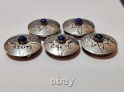 Vintage Navajo D/L Garcia Sterling Silver Button Covers Hand Stamped WithLapis
