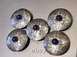 Vintage Navajo D/L Garcia Sterling Silver Button Covers Hand Stamped WithLapis